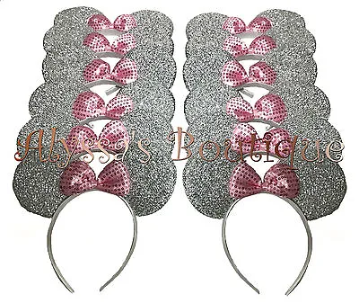 24 Pc Minnie Mickey Mouse Ears Headbands Shiny Silver Pink Birthday Party Favors • $23.95