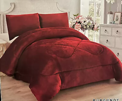 New King Size Solid Burgundy Color Super Plush & Warm 3Pc Sherpa Blanket Set • $54.99