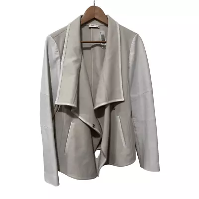 Vince Leather Trim Wool Blend Cream & Tan Open Front Drape Blazer Jacket Medium • $120