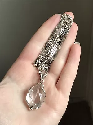 Sterling Silver Faux Plastic Crystal Pendant With Long Curb Chain • £20