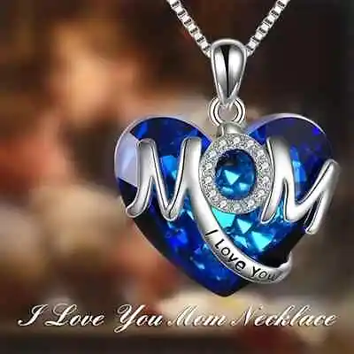 Exquisite Heart-shaped Blue Crystal MOM Pendant Necklace Fashionable Women Gift • $13.98