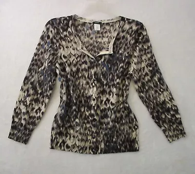 J Crew T Sweater Woman Medium Leopard Print Button Cardigan 100% Merino Wool • $19.95