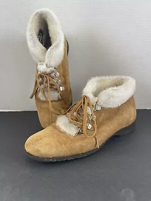 HUSH PUPPIES Vintage 80’s Tan Ankle Boots Suede/faux Fur Size 6 1/2 • $29.99