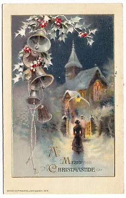 C1913 Church At Night~Vintage Winsch Christmas Postcard W Silver Bells & Holly • $6