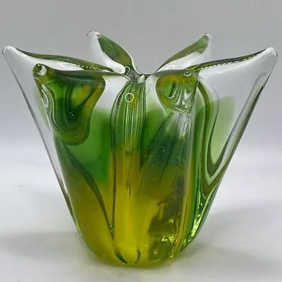 Murano Glass Taper Candle Holder Green Yellow • $22.28