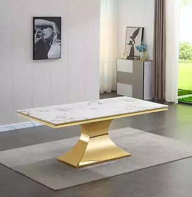 Luxurious Marble Rectangle Dining Table With Gold Mirrored Finish Stainless Base • $4699.99