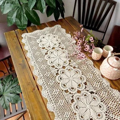 Vintage Hand Crochet Lace Table Runner Dresser Scarf Rectangle Doily Wedding • $14.39