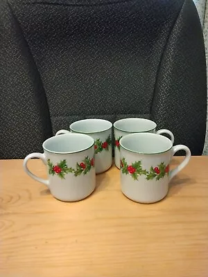 Vintage Schmidt White Christmas Set Of 4 Mugs Holly Berries Coffee Cups  • $12