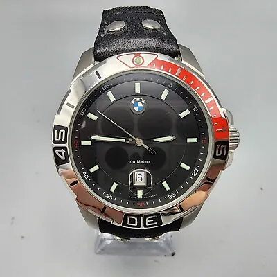 BMW Watch Men Silver Tone Black Dial 100M Date Round Nylon Band New Battery • $127.99