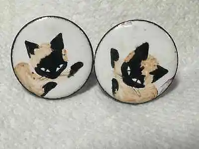 Antique BLACK FACE CAT Art Deco Earrings 1  Round Enameled Screw Backs • $5.99