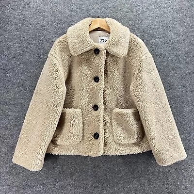 Zara Jacket Women M Medium Beige Button Up Fleece Collared Lined Long Sleeve • $22.39