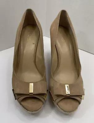 Michael Kors Womens Sandals Tan Suede Meg Bow Peep Toe Wedge Espadrilles Sz 9.5M • $23