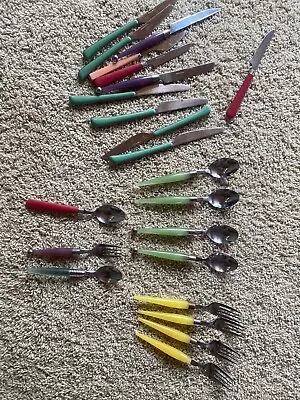 Vtg Lot MCM Plastic Colored Handle Silverware Flatware Forks Spoons Knives • $12.99