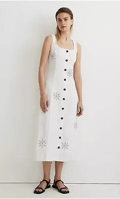 Madewell Womens Button Front Midi Dress White Linen Embroidered NL088 NWT Size 0 • $45