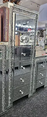 Mirrored Crushed Crystal Diamond Bedside Cabinet End Table Tallboy & ChesterDra • £249