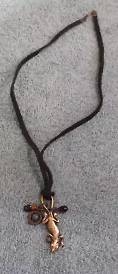 Vintage Black Leather Cord Necklace With A Lizard/Croc/Gator Pendant ~ 19 1/2  • $3.19