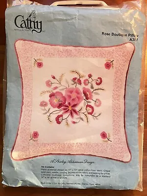 Vintage Cathy Needlecraft CREWEL ROSE BOUTIQUE PILLOW Shirley Alderman 14 X14  • $25.99