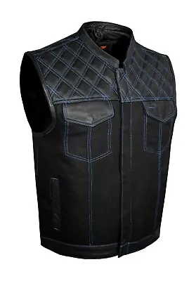 Men's Black Leather Denim Vest Motorcycle Concealed Diamond Design Waistcoat • $89.99