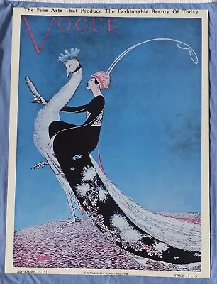 Reproduced Vogue Magazine Cover Poster By George Wolfe Plank 1911 Woman/Peacock • $200