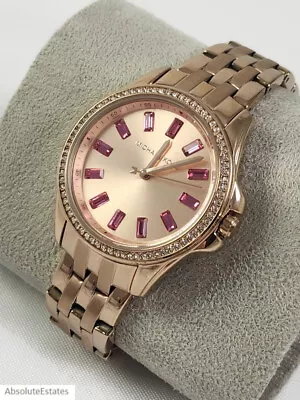 Michael Kors Pilot Baguette Crystal Glitz Rose Gold Pink 36mm Watch MK7367 + Box • $129.99