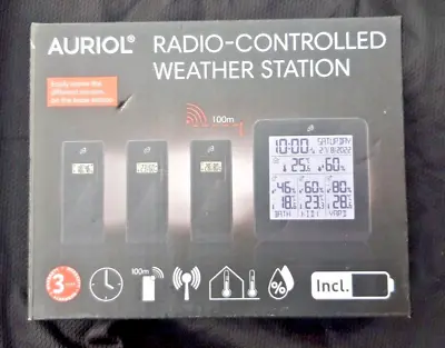 AURIOL Weather Station Radio Controlled Humidity Temperature Alarm Clock- BLACK • £22.95