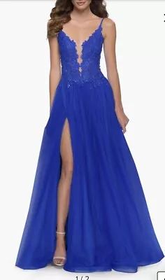 La Femme Floral Illusion Plunge Tulle Lace A-Line  Gown Dress In Royal Blue Sz 8 • $129.99