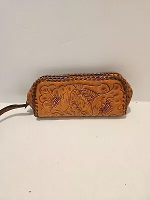 Vintage 1960's Hand Tooled Leather Western Wristlet Clutch Handbag Zip Closure • $15