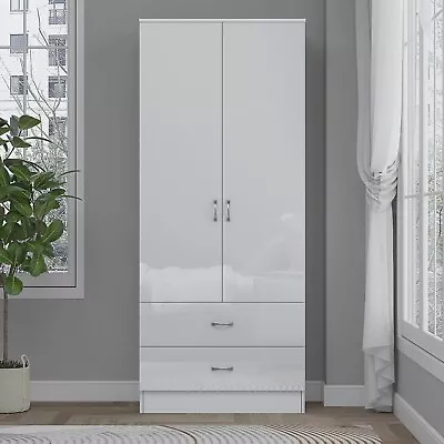 High Gloss White 2 Door Wardrobe With 2 Drawers Hanging Rail Bedroom Furniture • £142.99