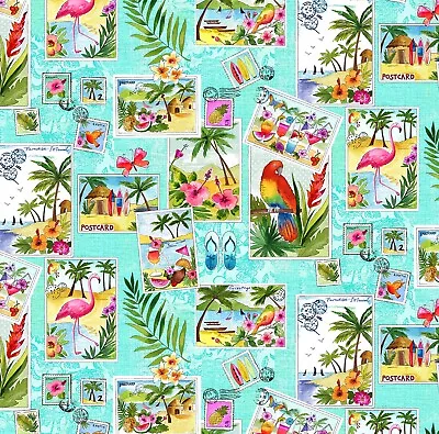 Fabric Picture Postcards Cotton 112cm Designer Michael Miller #9744 Turquoise • £6