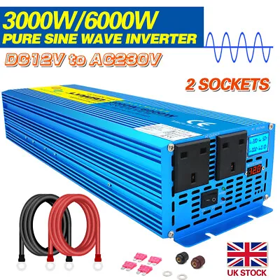 Car RV 3000W 6000W Pure Sine Wave Power Inverter DC 12V To AC 230V Converter 2AC • £219.99