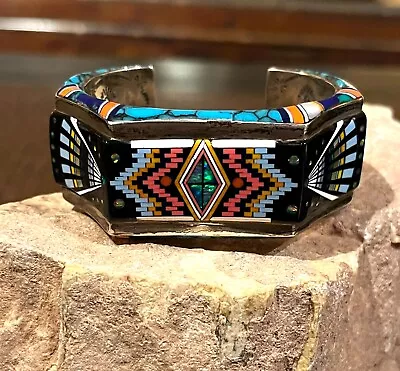 Navajo Sally Yazzie Signed Multi-Stone Inlay Sterling Silver Cuff Bracelet • $1100