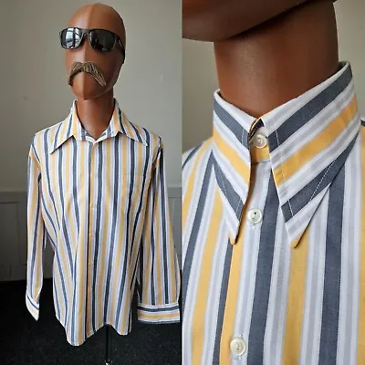Vintage 1970s Spear Collar Shirt | L/XL | Striped PolyCotton MOD Disco BD15 • £18