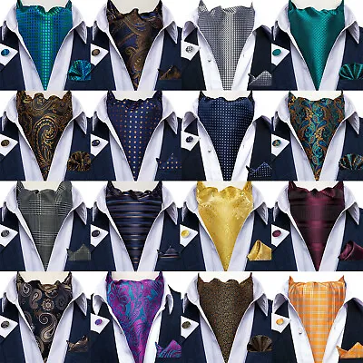 Mens Silk Cravat Green Gold Blue Paisley Ascot Tie  Hanky Cufflinks Set Wedding • $12.99