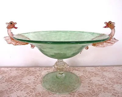 LARGE Antique Salviati Murano Green Glass Bowl W/ Dragons Venetian Italian • $1495