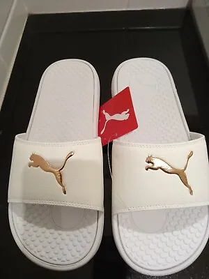 $25 • Buy PUMA Cool Cat Sports Slides, 8 /39 White, Gold Cat, Contured Footbed, BN, Auth