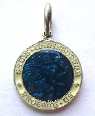 Small Vintage Sterling Silver Blue Enamel Saint Christopher Medal Charm Creed • $44.99