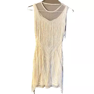 Babeyond Womens Off White Fringed Beaded Flapper Party Wedding Costume Dress XS • $34.18