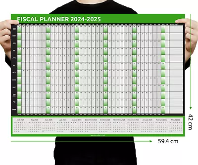 FISCAL 2024 - 2025 A2 Size Full Year Wall Planner Calendar Home Office Work A2 • £3.49