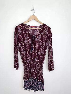 Tigerlily Maroon Paisley Floral Boho Tassel Long Sleeve Mini Dress Size 6 • $24.65