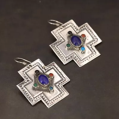 Sterling Silver SOUTHWESTERN Turquoise Lapis Malachite Cross Dangle Earrings 9g • $19.49