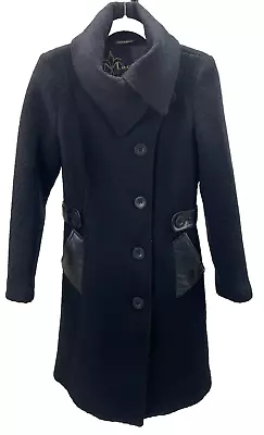 MACKAGE Black Tweed Wool Blend Leather Belted & Trim Winter Coat SZ S Bloomies • $79.99