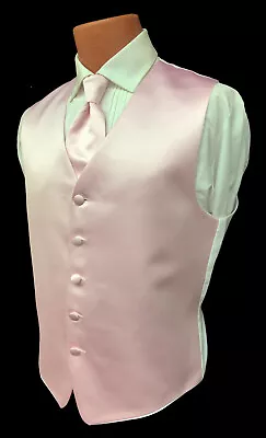 Men's Light Pink Satin Tuxedo Vest With Long Tie Fullback Wedding Groom Prom  • $2.69