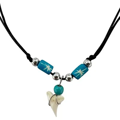 Shark Tooth Pendant Necklace Wooden Beads Chain Mens Womens Childrens Jewellery • £4.99