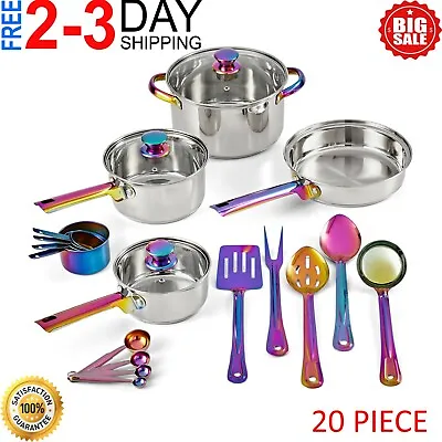 $44.99 • Buy 20-Piece Stainless Steel Cookware Set Pan Pot Lid Cooking Kitchen Utensils Set