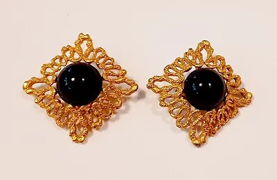 $5.99 • Buy Vintage Gold Tone Black Cabochon Filigree-style Clip Earrings, Estate Jewelry 