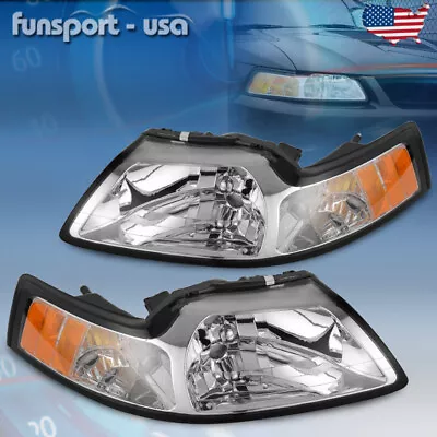 Chrome Housing Amber Corner Headlights For 1999-2004 Ford Mustang Headlamps Pair • $56.99