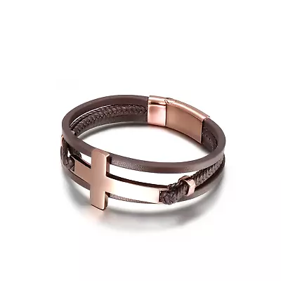 Brown/Rose Gold Multi-Layer Cross Leather Bracelet For Men • £49.99