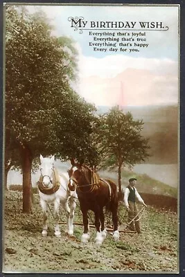 Farm Horses With Hand Plough. 1923 Vintage Postcard. Free P&p • £3.95