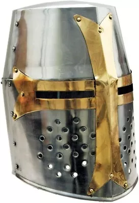 18-Guage STEEL Medieval Crusader Helmet Metal Mason's Brass Cross W Liner NEW • $47.99