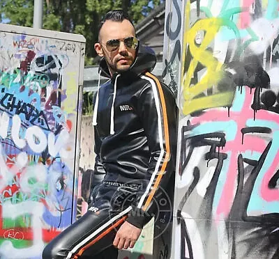 MR. RIEGILLIO Vegan Leather Tracksuit Jacket Hoodies Black & Orange Stripes • $108.59